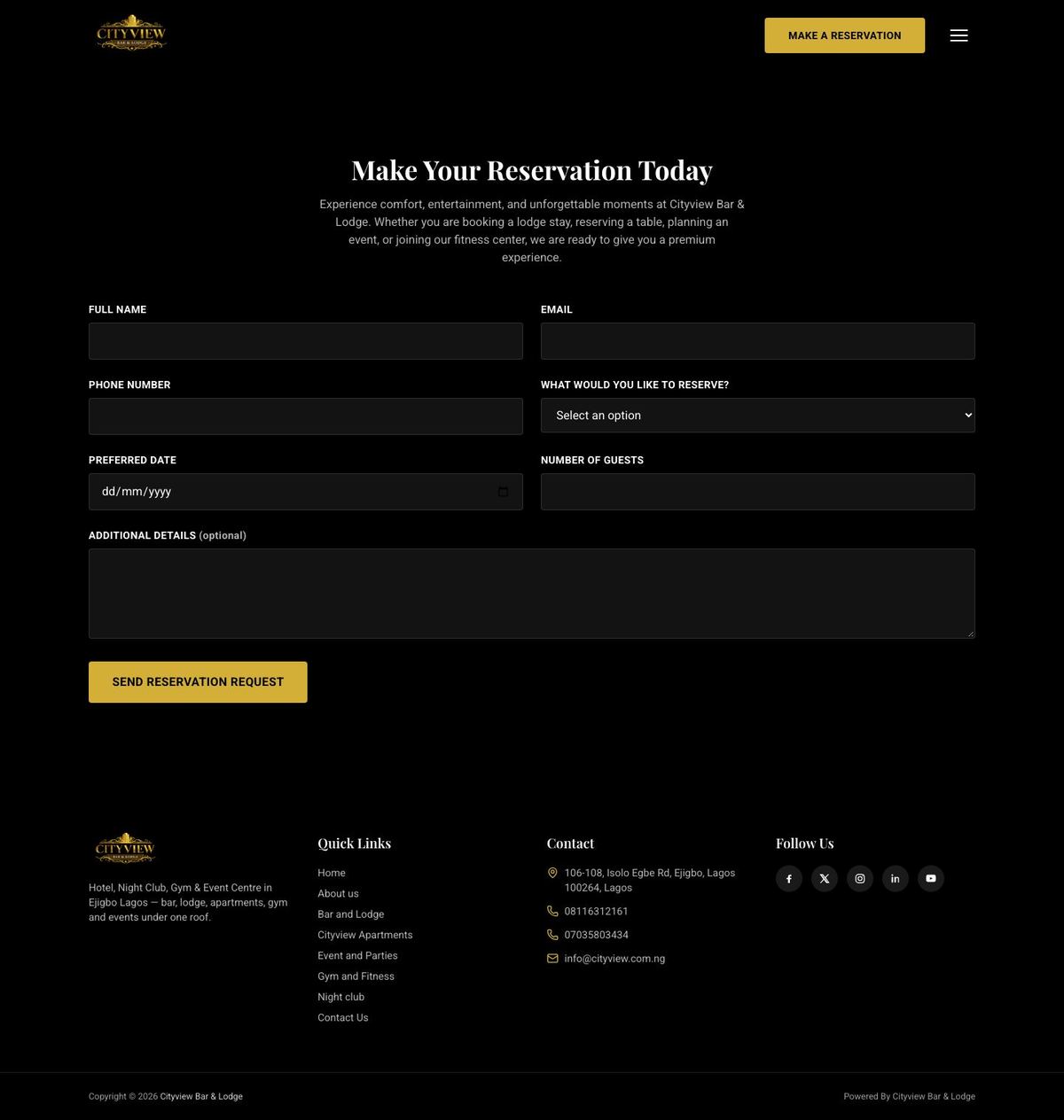 Cityview Bar & Lodge Reservations page
